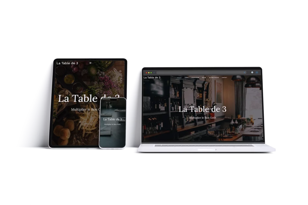 Plusieurs appareils sur le fond transparent présentant la maquette du site La Table de 3 réalisé par designer UX Yevhen SHLYKOV à Bordeaux