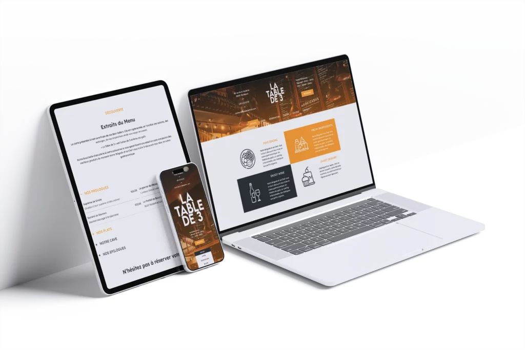 Mockup sur le fond transparent avec le site web La Table de 3 version 2 réalisé par designer UX Yevhen SHLYKOV à Bordeaux
